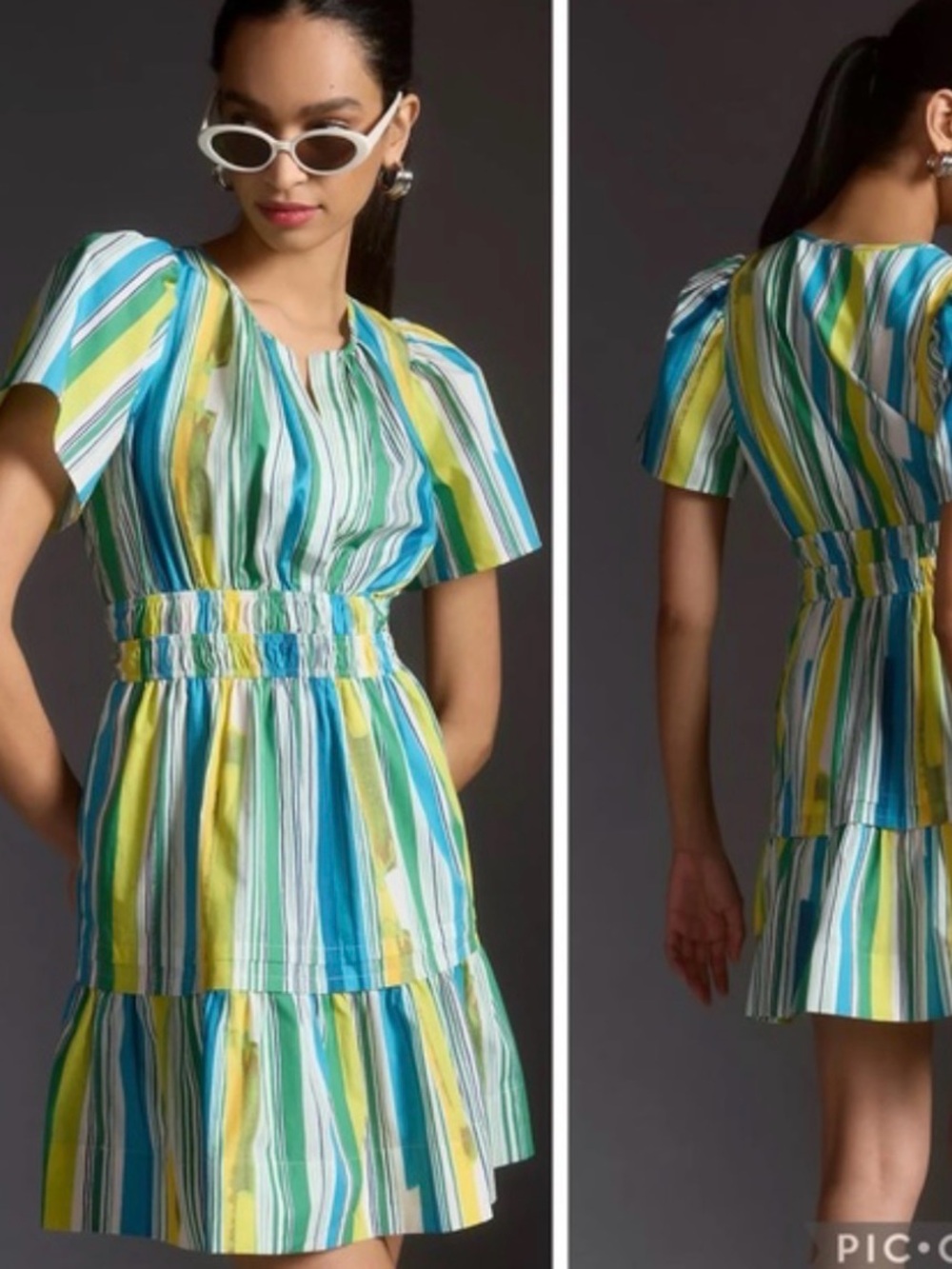 Anthropologie Somerset Tiered Mini Dress Size S Green Blue Yellow Stripe